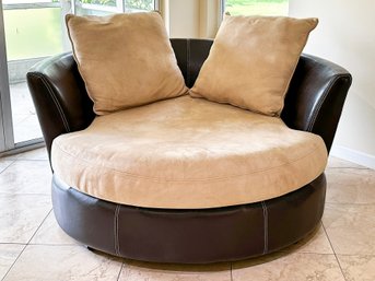 A Modern Leather And Suede Chair And A Half - Loveseat In Circular Form