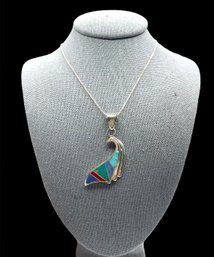 Vintage Signed GS Sterling Silver Multi Color Inlay Abstract Necklace