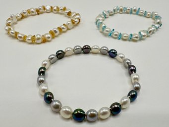 3 New Fresh Water Pearl Bracelets By Honora, 1 With Citrine & 1 With Blue Topaz, 8 Inches, Elastic