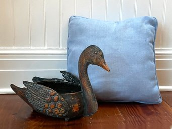 A Tole Painted Metal Duck Form Cache Pot And Accent Pillow