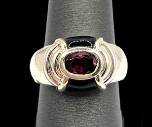 Vintage Sterling Silver Dark Pink Faceted Stone And Onyx Ring, Size 7