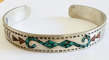 VINTAGE SIGNED NATIVE AMERICAN STERLING MOSAIC TURQUOISE/CORAL CUFF BRACELET - AS IS