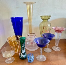 VIntage Colored Glass Vases, Wine Glasses, Ice Bucket & More, Some Hand Blown & Hand Painted  (10 Pieces)