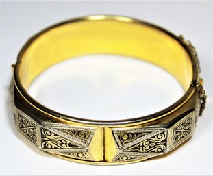 Vintage Hinged Bangle Bracelet Gold Tone Damascene