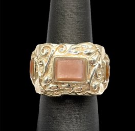 Vintage Sterling Silver Pink Coral Stone Large Ornate Ring, Size 7