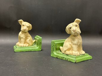 A Pair Of Vintage Listening Pup Book End In Painted Cast-Iron