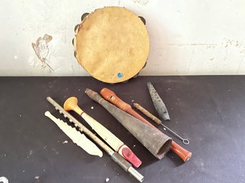 ANTIQUE TAMBOURINE AND MUSICAL ITEMS