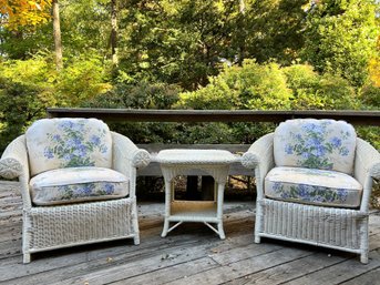 White Wicker Seating Group - Pair Of Chairs And Side Table