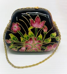 Vintage Cloisonne Brass Enamel Purse- Beautiful Flowers In Shades Of Pink & Green With Amazing Cobalt Interior