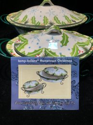 Temptations Hometown Christmas 4 Pc Covered Oval Bakers With Holder