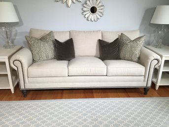 Gorgeous LIKE NEW Condition ETHAN ALLEN Sofa - Ivory Linen Fabric - Brass Nailhead Details - Very Comfortable