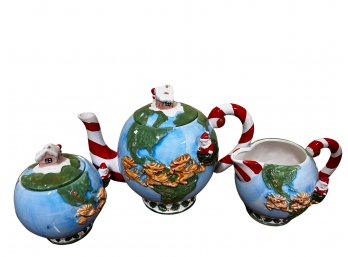 Oci Hand Decorated Holiday Tea Set - Christmas Santa Globe Motif