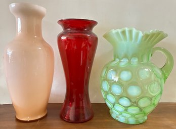 Vintage Fenton Style Vaseline Green Pitcher & Colored Glass Vases (3 Pieces)