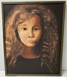 Vintage Framed 1973 Oil On Canvas Painting - Somber Girl With Curly Hair - C Gajowski - 23 X 29 Inches