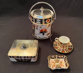 4 Pc Lot Similar But Different - Sheffield/James Dixon Biscuit Box On Stand Plus Royal Crown Derby Pieces