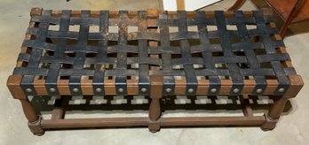 Neo-Gothic Spanish Revival Oak And Woven Leather Bench