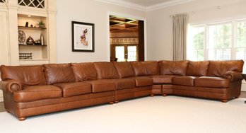Large Cognac Leather Round Eight Seat Cushion Pleated Rolled Arm Sectional Sofa With Nailhead Trim