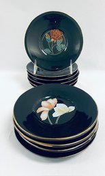 Asian Black Lacquer Inspired Set Of Floral Porcelain Small Plates W/ Gold Trim