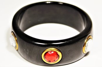 Late Vintage Black Bakelite 1980s Jeweled Bangle Bracelet
