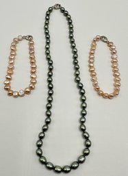 New Fresh Water Pearl Necklace, 18 Inches & 2 New Bracelets, 8 Inches By Honora, Sterling Clasps