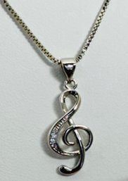 STERLING SILVER CZ TREBLE CLEF PENDANT NECKLACE