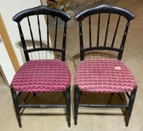 Pair Antique Spindle Back Glazed Black Side Chairs