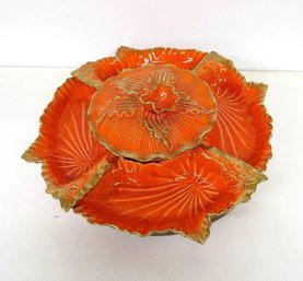 Vintage MCM California Pottery Orange With Gold 5 Part Lazy Susan