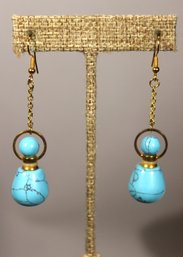 GOLD TONE GENUINE TURQUOISE STONE PIERCED DROP EARRINGS