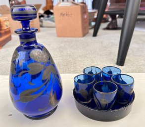 Vintage Cobalt Blue Glass With Floral Decoration Bottle In Silver 5 Pieces With One Small Blue Dish