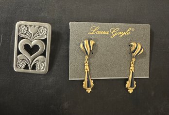 Modernist R. Tennesmed Of Sweden Flowers & Heart Pin With Vintage Laura Gayle Dangling Earrings 212/A3