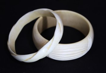 Lot Two Carved Bone Bangle Bracelets 1980s