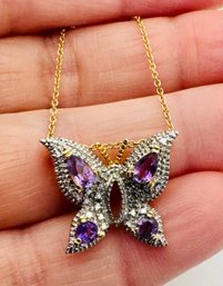 PRETTY SIGNED ROSS SIMONS GOLD OVER STERLING SILVER AMETHYST DIAMOND ACCENT BUTTERFLY NECKLACE