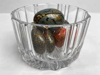 Glass Bowl Filled With Hand Painted Paper Mache Eggs