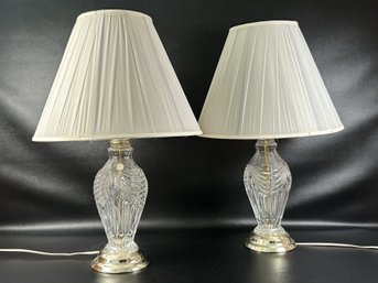 A Sparkling Pair Of Vintage Table Lamps With Cut Crystal Bodies & Pleated Bell Shades