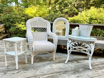 Vintage White Wicker Grouping - Chair, Tables And Accessories