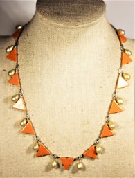 Vintage Art Deco Plastic 'coral' Color Triangles And Faux Pearls