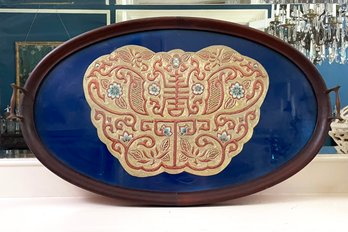 A Glass Top Tray With Magnificent Embroidered Silk Fabric Panel Beneath