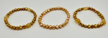 3 New Fresh Water Pearl & Citrine Bracelets By Honora, 8 Inches, Elastic