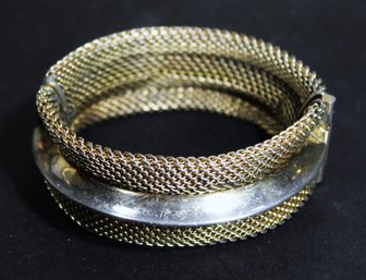 Gold Tone 1960s Vintage Hinged Cuff Bracelet Having Mesh