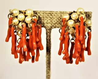 Pair Vintage Plastic Coral Colored And Faux Pearl Clip Earrings