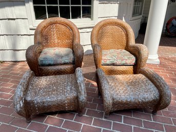 Weathered Pottery Barn Malabar Collection Woven Rattan Arm Chairs  & Foot Rests