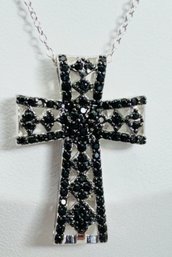 JTV SIGNED CN FZN STERLING SILVER BLACK SPINEL CROSS PENDANT NECKLACE