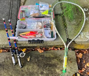 Fishing Lot ~ Floating Net, Tackle Box Full Of Lures & 2 Fishing Pole Barbecue Lighters ~