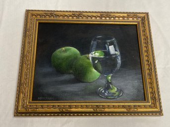 Signed Still Life Oil Painting- Green Apples And Water Goblet