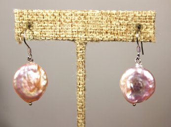 FINE GENUINE PINK CULTURED PEARL PIERCED DROP EARRINGS