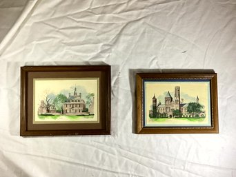 Two Incredible Washington DC Area Colorful Pencil Sketches In Beautiful Mahogany Frames