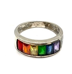 Vintage Sterling Silver Rainbow Color Stones Inlay Ring, Size 6