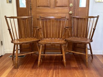 Three Beautiful Vintage Hitchcock Arm Chairs In Stained Wood With Gold Stencils