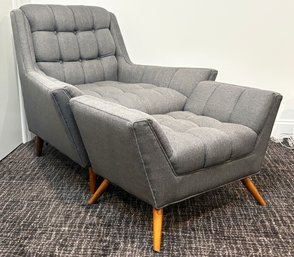 A Mid Century Modern Style Arm Chair And Ottoman In Slate Grey Linen