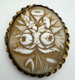 VICTORIAN GOLD-FILLED CARVED SHELL CAMEO FLOWERS BROOCH - AS IS